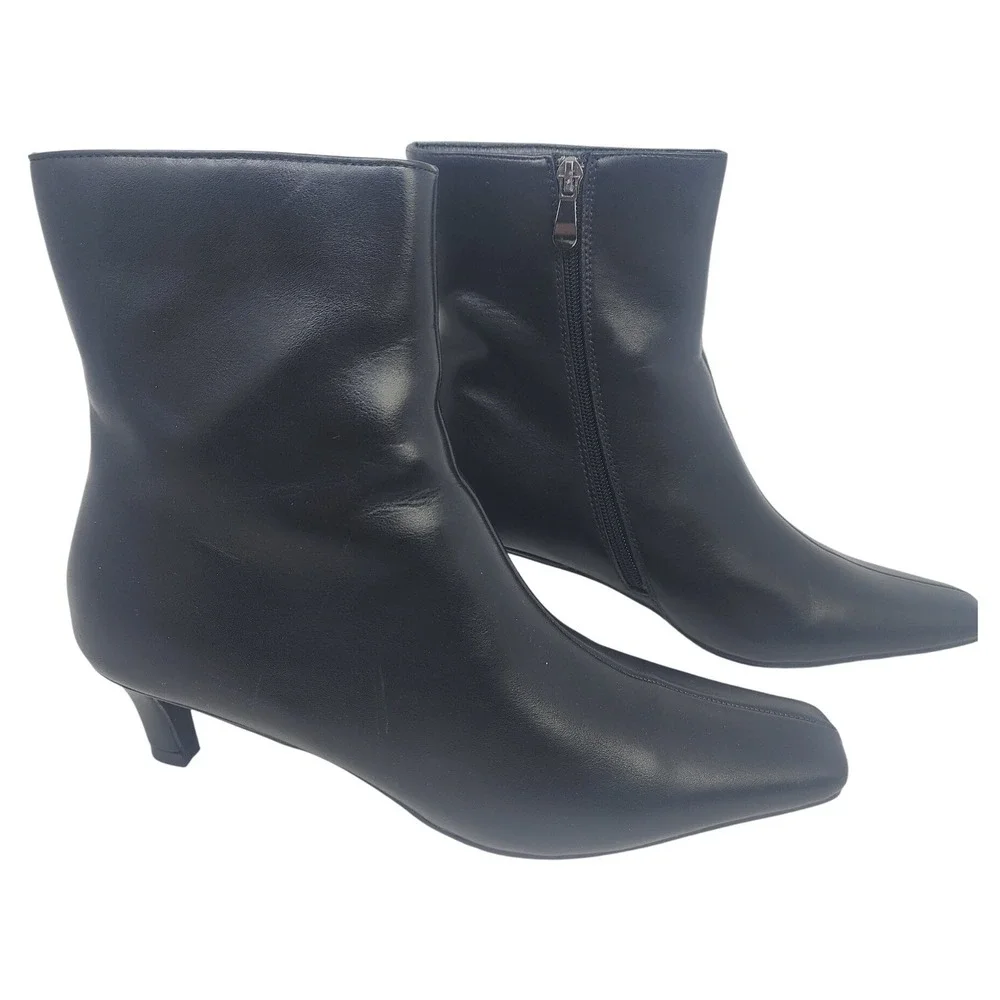 Womens Black Faux Leather Square Toe Kitten Heel Ankle Boots Size 9 Side Zip